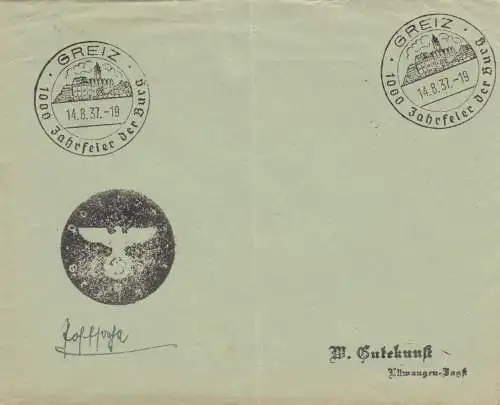 Sonderstempel 1937, Greiz, 1000 Jahresfeier, Negativstempel, Postsache