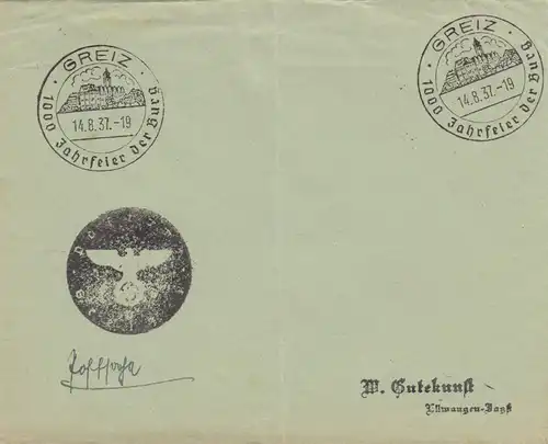 Tampon spécial 1937, Greiz, 1000 célébration annuelle, timbre négatif, courrier
