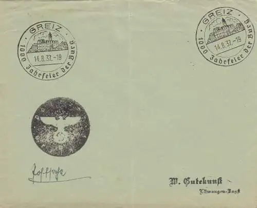 Tampon spécial 1937, Greiz, 1000 célébration annuelle, timbre négatif, courrier