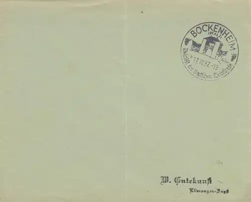 Sonderstempel 1937, Bockenheim/Pflaz Weinfest dt. Weinstraße