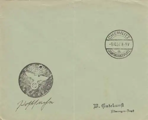 Sonderstempel 1937, Chemnitz Jahrmarktplatz, Negativstempel, Postsache