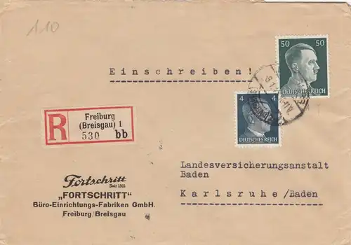 Einschreiben Freiburg, Büro Einrichtungen nach Karlsruhe 1943