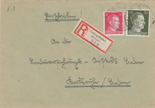 Einschreiben Freiburg Haslach nach Karlsruhe 1943