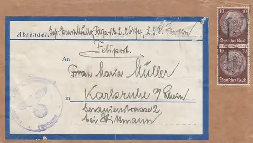Feldpost Paquet FPn° 26174 Berlin vers Karslüch