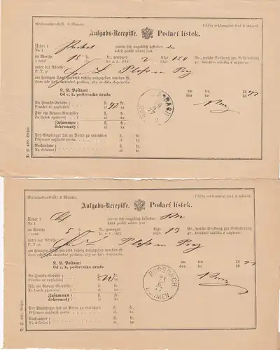 1876/77: 15x Rossbach/Böhmen, Aufgabe Bescheinigung, Aufgabeschein