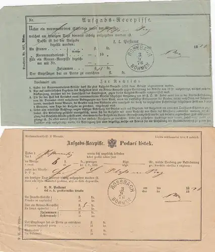 1876/77: 15x Rossbach/Böhmen, Aufgabe Bescheinigung, Aufgabeschein