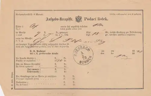1876/77: 15x Rossbach/Böhmen, Aufgabe Bescheinigung, Aufgabeschein