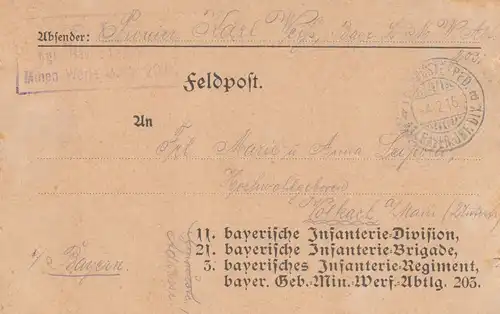 1916: Feldpost Karte an bayrische Infanterie Div/Brigade/Regiment, Minen-Werfer