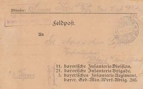 1916: Feldpost Karte an bayrische Infanterie Div/Brigade/Regiment, Minen-Werfer