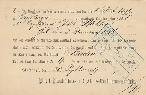 Ganzsache Drucksache Stuttgart / Tuttlingen 1899 nach Karlsruhe