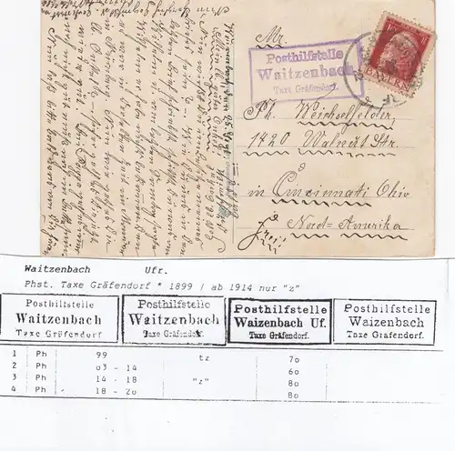 Carte postale Bamberg, poste d'aide de Waitzenbach vers Cincinnati/Ohio USA