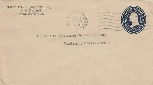 letter from USA Dallas, Texas to Windisch/Brugg Switzerland, 1919