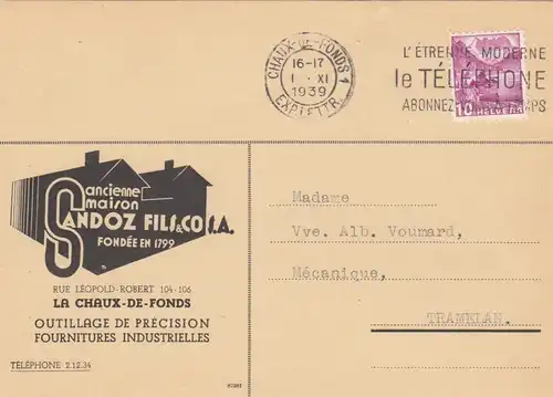 Postkarte Sandoz Chaux de Fonds to Tramelan  1939
