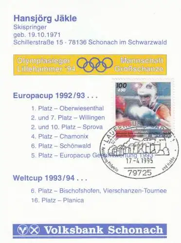 Autogrammkarte Hansjörg Jäkle, Skispringer, Sonderstempel Laufenburg 1995