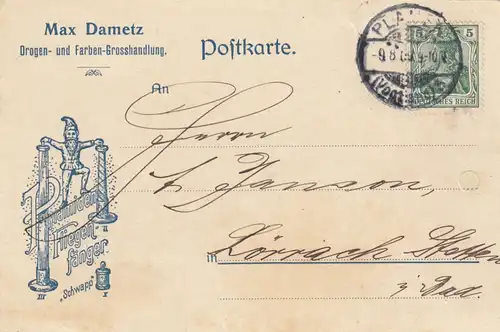 1909: Carte postale de la drogue et des couleurs de Plauen après Lörrach