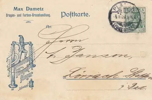 1909: Carte postale de la drogue et des couleurs de Plauen après Lörrach