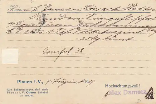 1909: Postkarte Drogen- und Farben-Grosshandlung Plauen nach Lörrach
