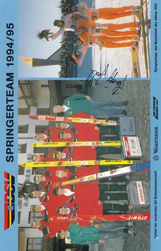 Carte souvenir Spinger Team 1994/95, Skispringer, Olympiasier, DSV, autographe
