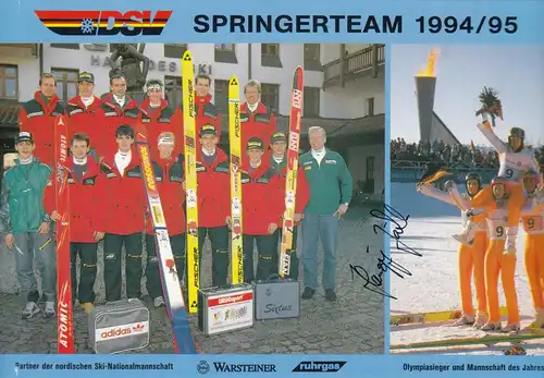 Carte souvenir Spinger Team 1994/95, Skispringer, Olympiasier, DSV, autographe