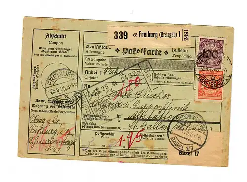 Carte paquet 1925 de Fribourg à Altstätten, St. Gallen