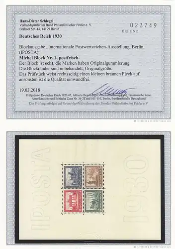 DR: MiNr. Block 1, postfrisch, **, BPP Befund mit kl. braunem Fleck