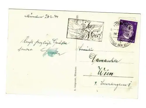 Carte de vue 1944: Munich Herrnhalle, drapeaux, nourriture pour pigeons, propagande