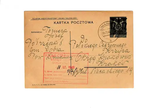 Ganzsache GG P 3II 06-1939: 3.11.40 Limanowa nach Krakau, Rotes Kreuz