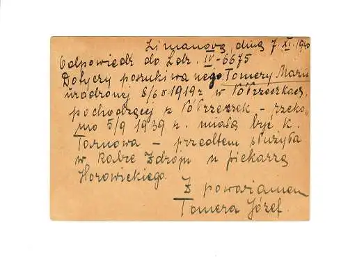 Ganzsache GG P 3II 06-1939: 3.11.40 Limanowa nach Krakau, Rotes Kreuz