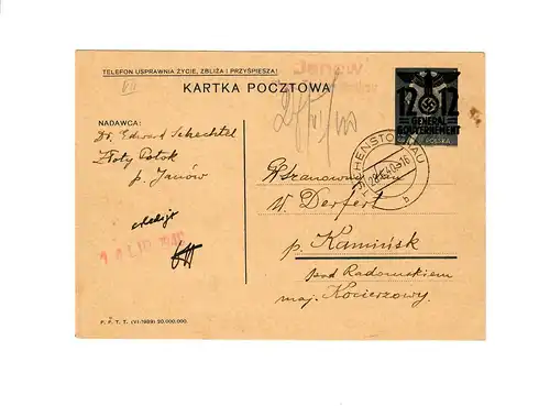Ganzsache GG P 3II 07-1939: 28.6.40 Zloty Potok/Janow/Tschenstochau nach Kaminsk