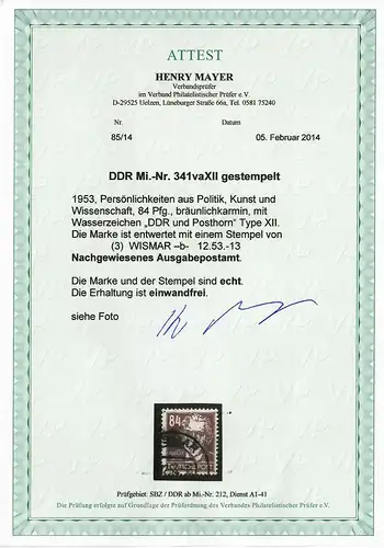 RDA: Min. 341vaXII, cacheté Wismar 1953