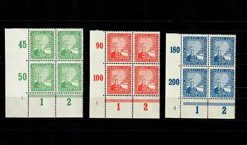 DR: MiNr. 372-374, postfrisch, **, Viererblock Eckrand VE3, Plattennummer