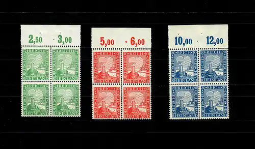 DR: MiNr. 372-374, postfrisch, **, Oberrand, Viererblock mit Anlagepunkt, Platte