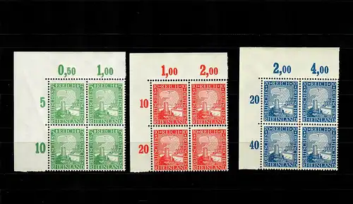 DR: MiNr. 372-374, postfrisch, **, Eckrand Viererblock VE1, Plattendruck