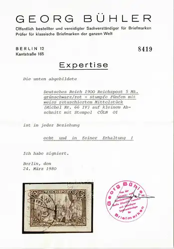 DR: MiNr. 66 IV, Briefstück gestempelt, Stempel Cöln