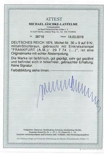 DR: MiNr. 30, gestempelt Frankfurt, BPP Attest