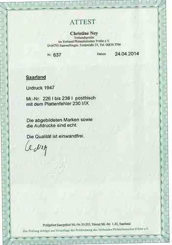 Sarre: Min° 226I à 238I, erreur de plaque 230 I/IX, frais, **