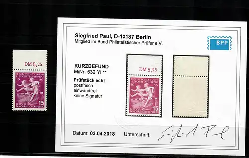 DDR MiNr. 532 YI, vom  Oberrand, postfrisch, **, BPP Befund