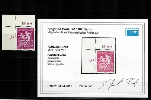 DDR MiNr. 532 YI , Eckrand E1, postfrisch, **, BPP Befund