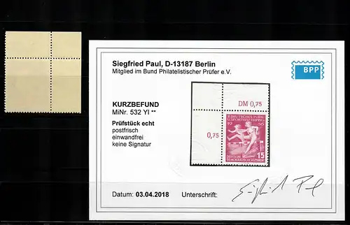 DDR Min° 532 YI , Eckrand E1, post-fraîchissement, **, BPP résultat