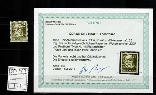 DDR MiNr. 334zXI, Plattenfehler I, postfrisch, **