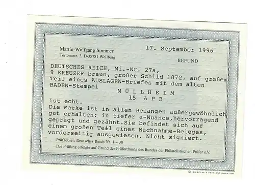 DR: MiNr. 27a, auf Nachnahme Brief von Müllheim, BPP Befund