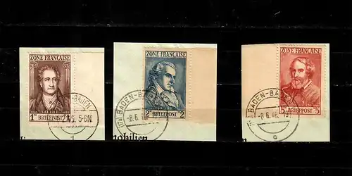 Franz. Zone MiNr. 11-13, auf Briefausschnitt gestempelt, BPP Signatur