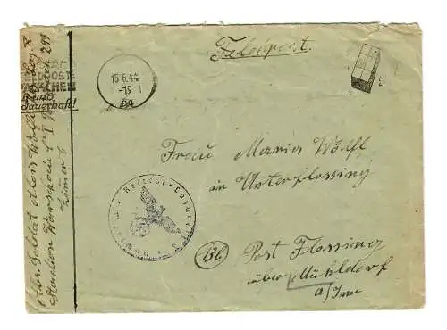 Feldpostbrief 1944, Warschau nach Post Flossing/Mühldorf/Inn mit Werbestempel