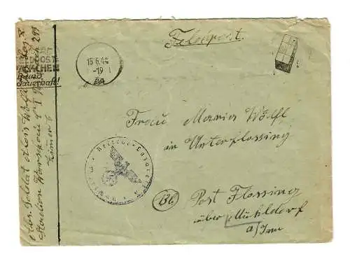 Lettre postale de Varsovie en 1944, à Post Flossing/Mühldorf/Inn avec cachet publicitaire