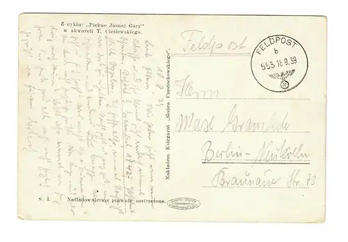 frühe Feldpost, Ansichtskarte Tschenstochau, 18.9.39 mit FPNr. 18427