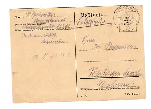 frühe Feldpost, 12.9.39, FPNr. 16710 nach Wertingen