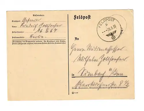 Premières lettres de terrain, 25.9.39, FPn. 16667 vers Simbach am Inn