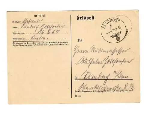 frühe Feldpost, 25.9.39, FPNr. 16667 nach Simbach am Inn