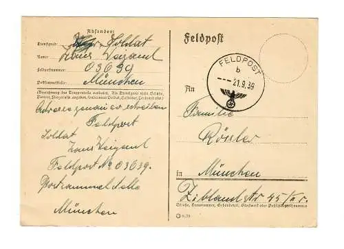 frühe Feldpost, 21.09.39 mit FPNr. 03639 nach München