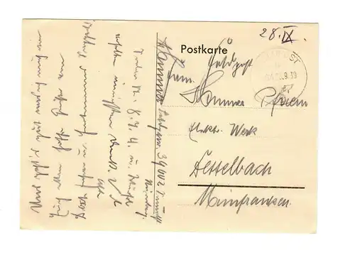 frühe Feldpost, 23.09.39 mit FPNr. 34002 auf Postkarte nach Dettelbach